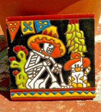 DAY OF THE DEAD MAN WITH CAT RED TILE 4 IN  4 IN TALAVERA MEXICO FREE SHIPPING