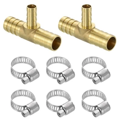 2pcs Brass Hose Barb Fittings, 3-Way Tee 5/8" x 3/8" x 5/8" Barbed - Image 1 of 4