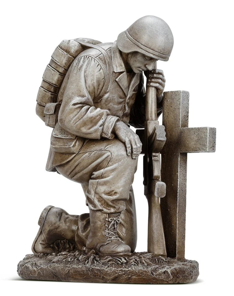 Garden Antique White Finished Praying Soldier at Grave Military Memorial Statue - Image 1 of 1