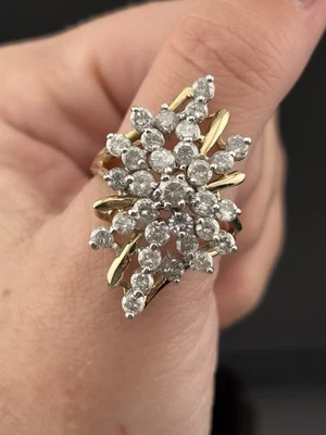 ENORME ANILLO CON RACIMO DE DIAMANTES DE ORO AMARILLO DE 10k ENORME STARBURST cúpula talla 9,25 wow 1,8 CTW Foto 1 de 4