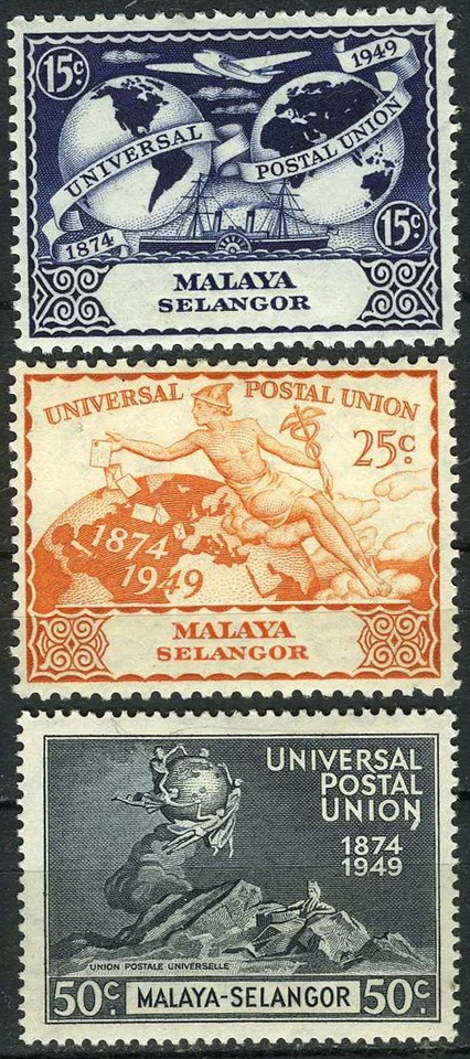 Malaya Selangor 1949 Universal Postal Union UPU MH (SC# 77-79) - Image 1 of 1