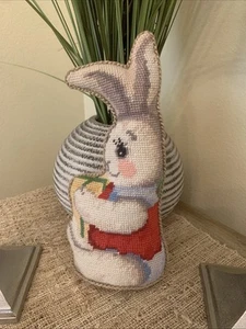 Vintage Wool Needlepoint Tapestry Pillow Rabbit Bunny Cottage Decor 11x4.5” - Picture 1 of 6