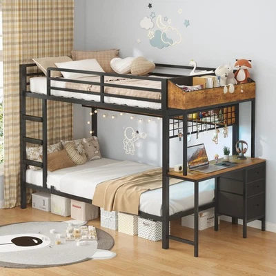 Двухъярусная металлическая двухъярусная кровать со светодиодной подсветкой и встроенным столом черная - Изображение 1 из 4