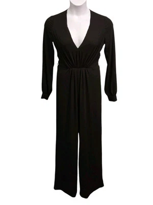 Haute Hippie Womens Small Black Long Sleeve Deep V Neck Jumpsuit Wide Leg - Image 1 of 4