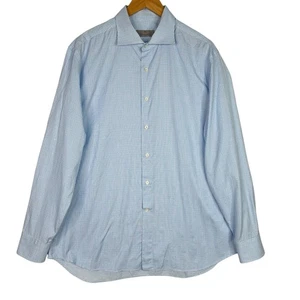 Canali Shirt Mens 44 17.5 Dress Button Up Long Sleeve Check Blue Made in Italy - Picture 1 of 14