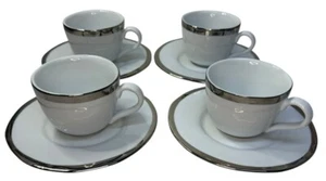 4 SETS (8PC Total) Pottery Barn CAROLINE Silver Rim Flat Cup & Saucer Tea Coffee - Picture 1 of 12