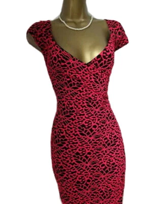 Lipsy Bodycon Dress 10 Pink Black Lace Wrap Plunge Occasion Wedding Xmas Party - Image 1 of 4