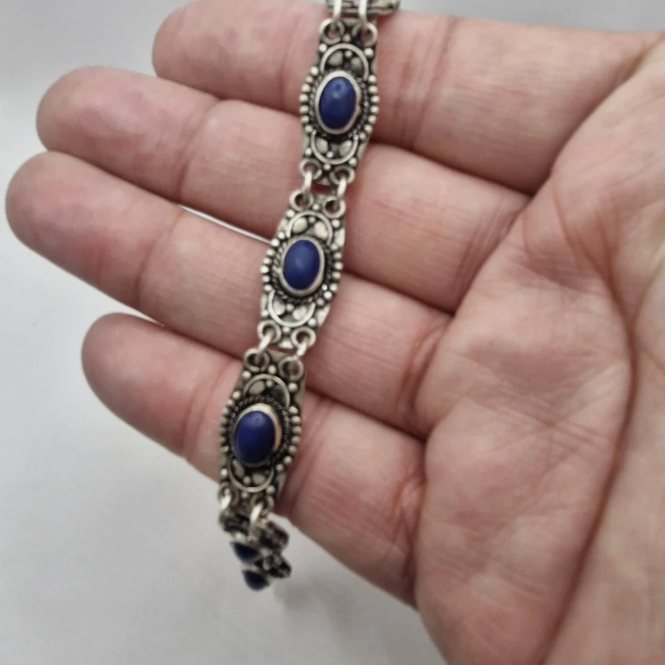 Bracciale Vintage Argento Sterling 925 Lapislazzuli Fatto a Mano Stile Etnico... - Immagine 1 di 4