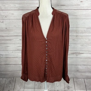 Free People Canyon Rose Button Down Top Blouse Size Medium Brown Red Hi-Low - Picture 1 of 11