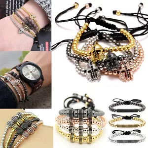 Herren 18k vergoldet 4 mm Micro Pave Zirkon Perlen Flechten Makramee Yoga Armband - Bild 1 von 161