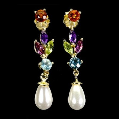 925 Sterling Silver Earrings Marquise Amethyst Topaz Mop Gemstone Jewelry - Image 1 of 4