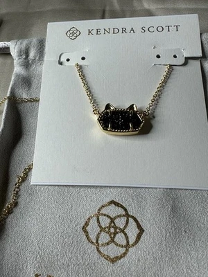 Kendra Scott Elisa Gato Gatito Colgante Collar Negro Drusy Chapado en Oro Cadena Foto 1 de 3