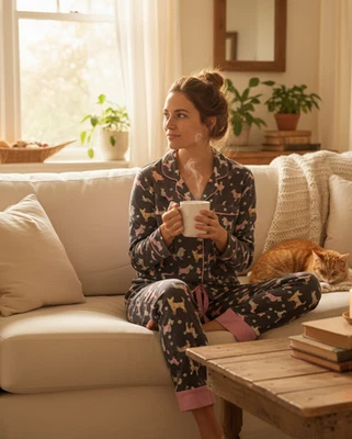 P.J. Conjunto de pijama con estampado de perro de algodón Salvage para mujer M ropa de salón caprichosa acogedora Foto 1 de 4