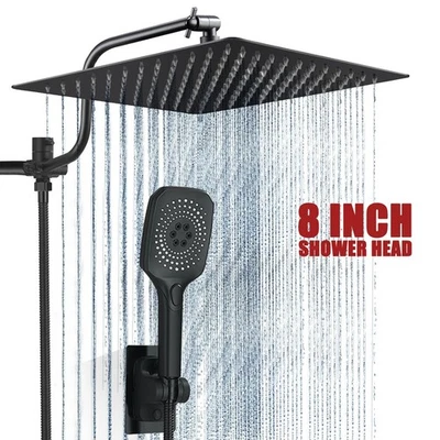 Black 8in High Pressure Shower Head with Handheld Spray Wall 12'' Extension Arm - Image 1 of 4
