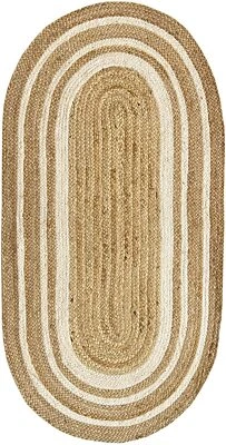 jute Runner oval rug braided jute natural farmhouse rustic look hallway rug - Image 1 of 4