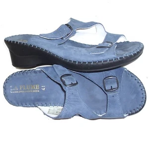 LA PLUME Jen 10 / 41 Denim Blue Nubuck Wedge Slide Backless Buckle Sandal Shoes - Picture 1 of 3