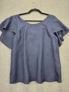 Ann Taylor M Navy Linen Ruffle Detail Top 1306 - Picture 1 of 6