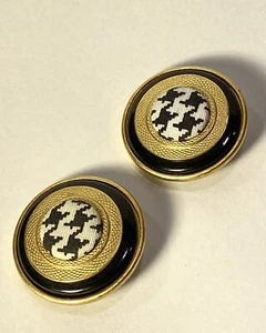 Huge Matte Gold Clip On Statement Earrings Houndstooth Fabric Centers - Picture 1 of 4
