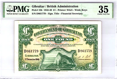 Gibraltar £1 Pound 1949 Pick# 15b PMG 35 Choice Very Fine - Image 1 of 4