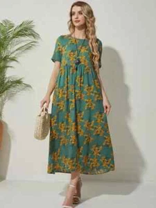 Floral Print Round Neck Dress, Casual Short Sleeve Loose Dress - Picture 1 of 2
