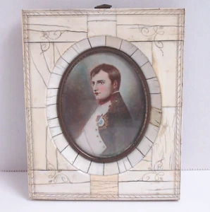 19th C. Napoleon Bonaparte Miniature Portrait After Delaroche Bone Frame 5.75” - Picture 1 of 9
