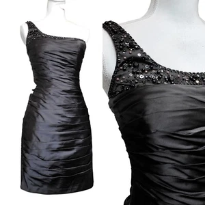 Y2K Black Satin One Shoulder Cocktail Dress Ruched Beaded LBD Sz 4 Knee Length - Picture 1 of 12