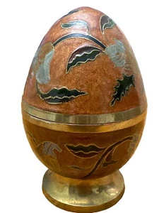 Vintage Cloisonné Hand Enamel Solid Brass Egg Trinket Box w Base Floral Design - Picture 1 of 6