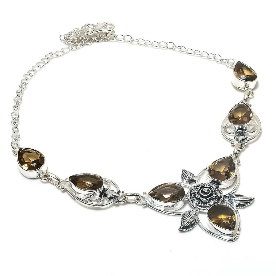 Smoky Quartz Gemstone Handmade 925 Sterling Silver Jewelry Necklace Size 18" - Image 1 of 1