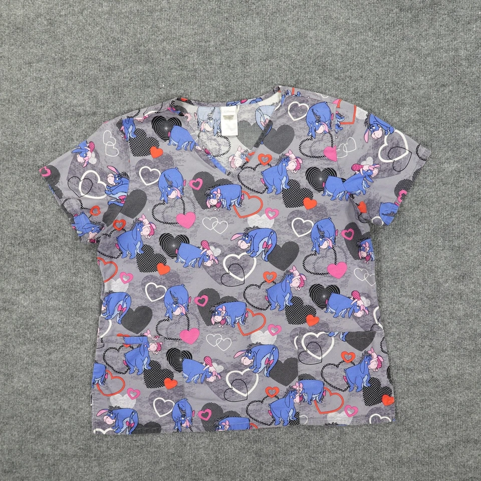 Blusa Médica Disney Eeyore Para Mujer Grande Gris Corazones Cuello en V Bolsillos Enfermería Médica Foto 1 de 4