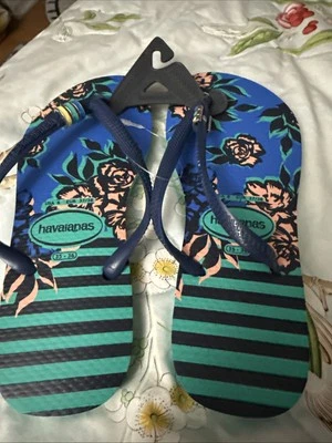 Havaianas Slim Flip Flops  H Slim Thematic Green, Blue & Pink Floral New 7/8 - Image 1 of 4