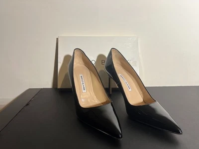 Manolo Blahnik BB Black Patent Pointed Toe Shoes Pumps Sz 40.5/10.5 90MM Heel - Image 1 of 4