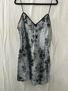 VTG 90 Secret Treasures Nightgown Slip Dress Floral Silver Grey Black Mini Sz L - Picture 1 of 11