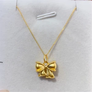 Pure 999 24K Yellow Gold Butterfly Knot Pendant With 18K Wheat Necklace 18in - Picture 1 of 5