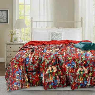 Indian Handmade Bedspread Frida Kahlo Kantha Quilt Reversible Throw Blanket - Image 1 of 4