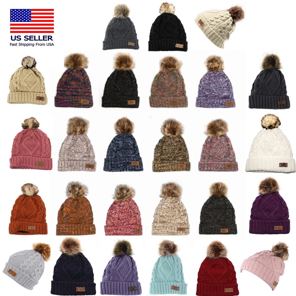 Gorro feminino inverno lã forrado difuso cabo malha pom pom frio multicolorido - Imagem 1 de 1