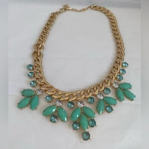 Forever 21 Green Gem & Rhinestone Gold Chain Fashion Necklace New - Picture 1 of 5