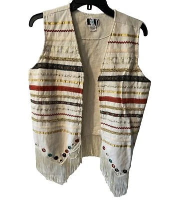 HG NY Vest Womens Sz L Fringe Ribbon Velvet Floral Cotton Boho Festival Hipster - Image 1 of 4