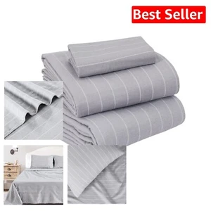 Luxurious Flannel Sheet Set - Grey Pin Stripe Twin Size for Ultimate Comfort - Picture 1 of 9
