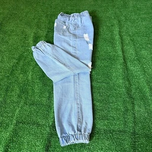 Elastic Waist & Cuff Relaxed Fit Pull-Up Ripped Crop Jeans Trendy Pants Size S - Picture 1 of 13