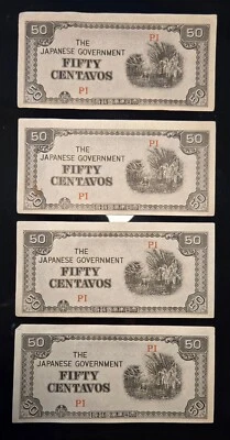 Set of 4 The Japanese Government Fifty (50) Centavos Bills WWII Good Condition - Image 1 of 2