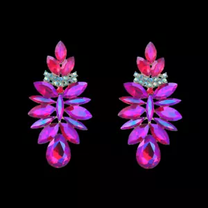 Women's Rose Pink Glass Rhinestone Flower Leaf Stud Earrings - Picture 1 of 3