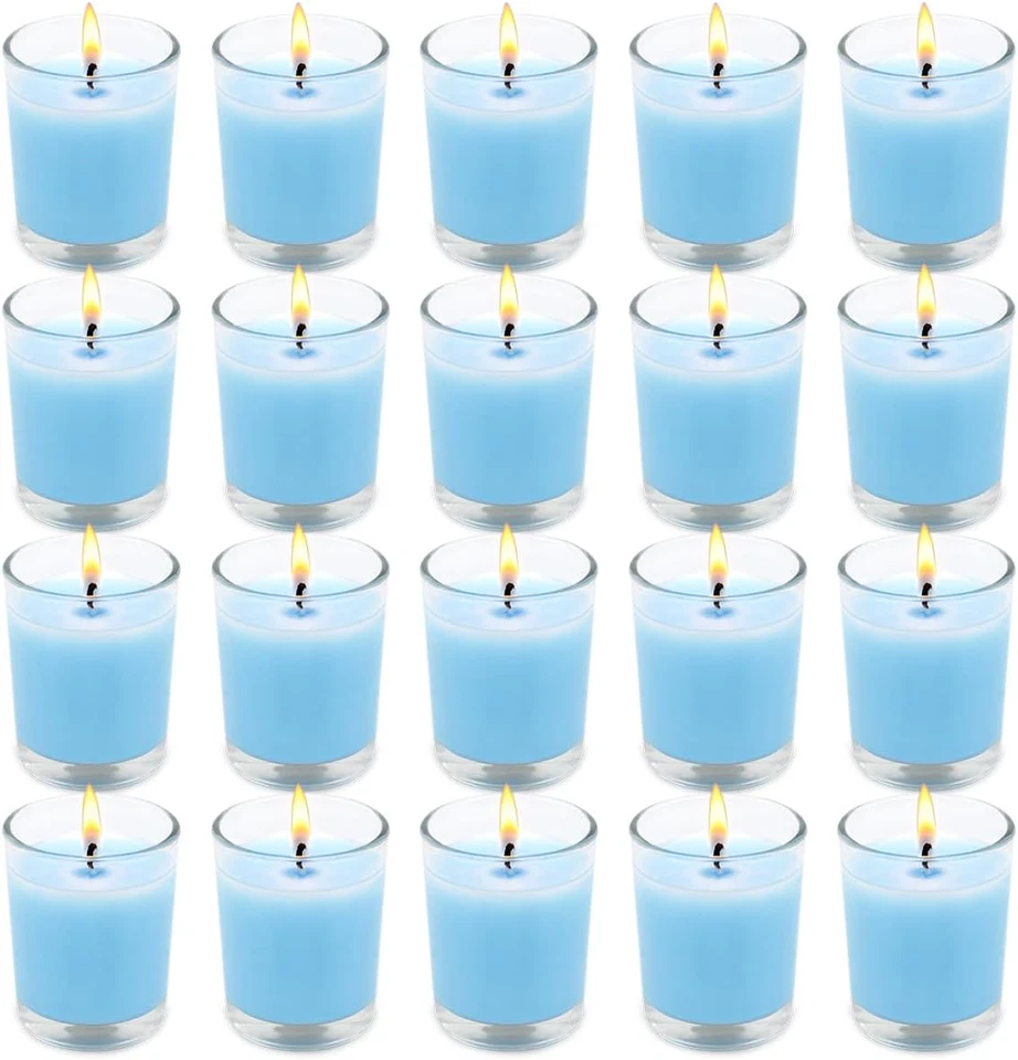 Set of 20 Babyblue Votive Candles Clear Glass Filled Unscented Soy Wax Candle fo - Image 1 of 4