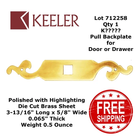 BACKPLATE DOOR or DRAWER 3-13/16" x 5/8" Brass Keeler K???? Polished +++ 712258 Cover