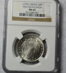 GREECE 50 DRACMAI 1970 ( 1967)  NGC MS 66 SILVER COIN ( stock# 90) - Picture 1 of 3