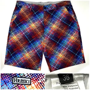 Pantaloncini da golf Hreski uomo rosso blu colorati a quadri Dry-FIT elasticizzati taglia 36 cuciture interne 10" - Foto 1 di 12