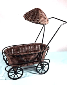 Antique Vintage Doll Stroller Pram Rabbitt Bunny Head Wicker Basket Iron Wheels - Picture 1 of 9