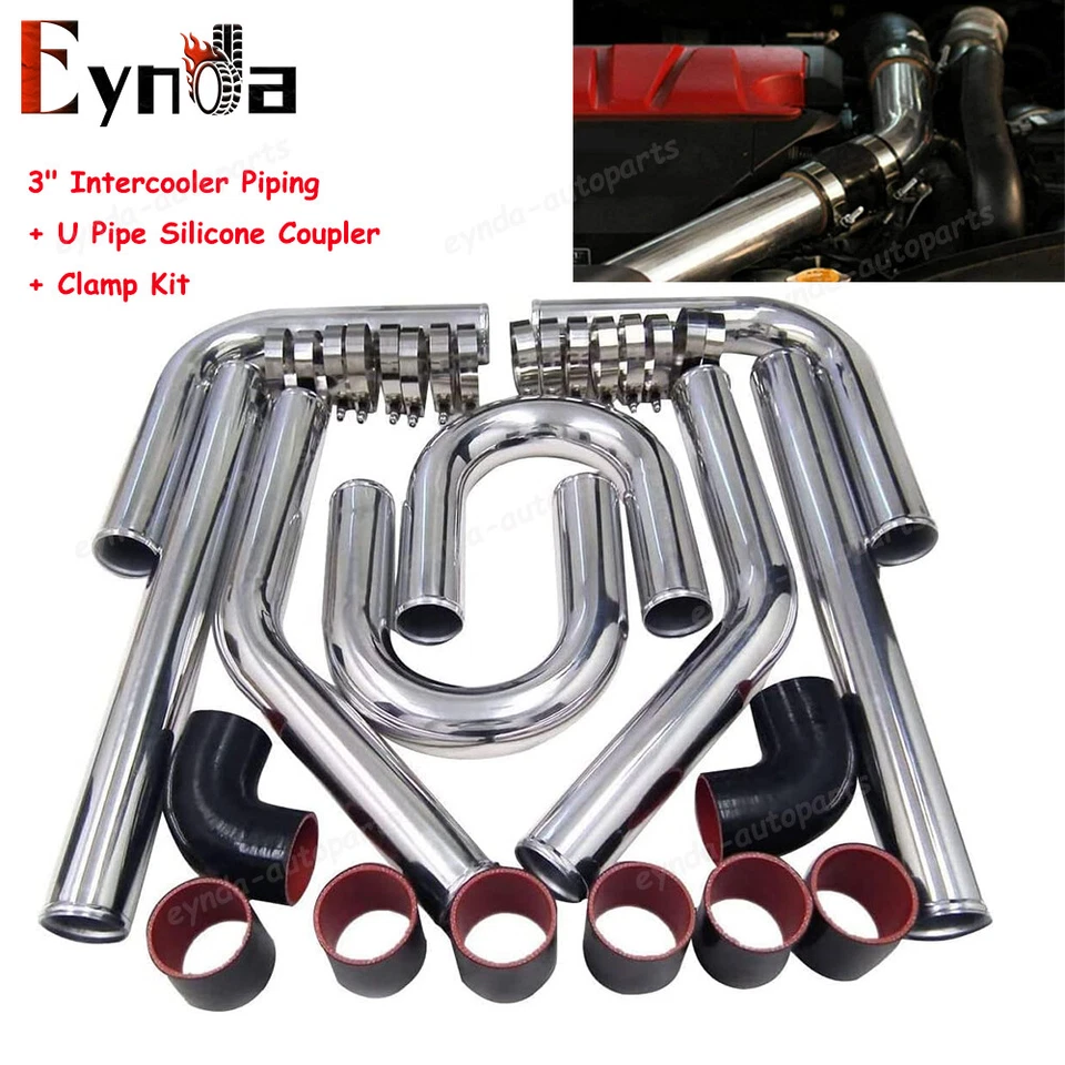3" Inch Turbo Intercooler Aluminum w/U Pipe Silicone Coupler Clamp Kit - Image 1 of 4