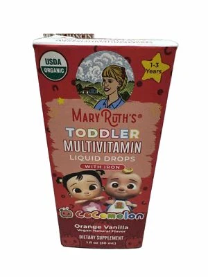 Multivitamínico Mary Ruth's Cocomelon para niños pequeños con gotas de vainilla naranja hierro 1 OZ Foto 1 de 2