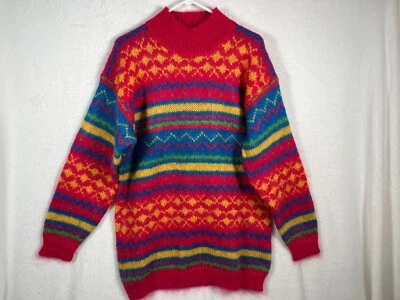 Suéter Mohair Rosa Vintage Años 80 Para Mujer Cuello Simulado Talla Grande Azul Estampado Colorido Foto 1 de 4
