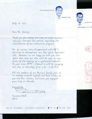 LAWRENCE WELK TYPED LETTER SIGNED REGARDING SHOW CANCELLATION , SYNDICATION Cover